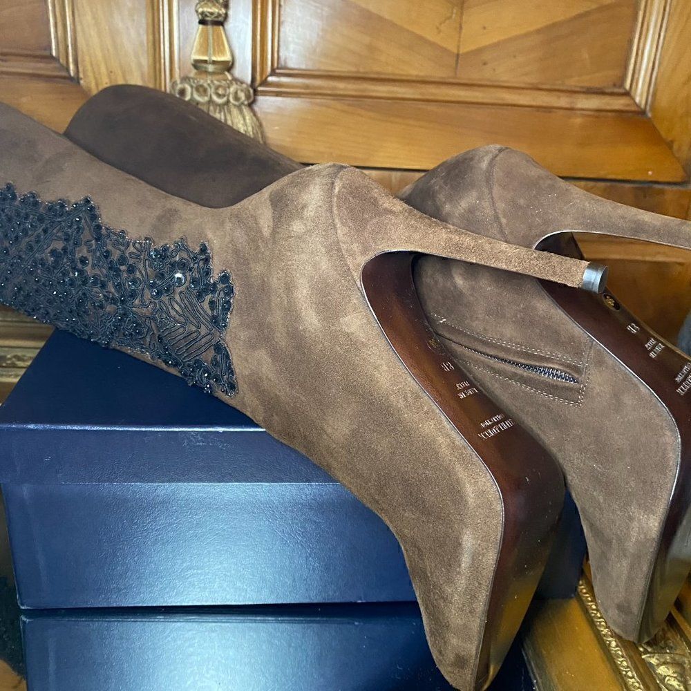 Ralph Lauren 2010 Collection Made in Italy Corita Brown Kid Suede Soutache Boot